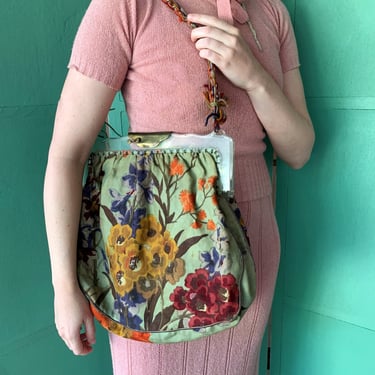 1940s Large Lucite Frame Floral Tapestry Handbag