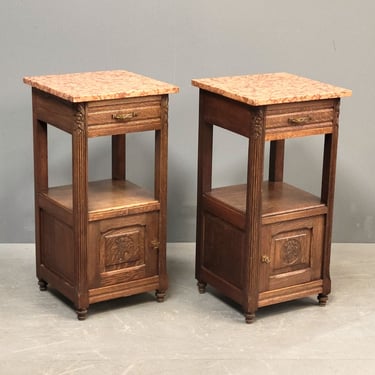 Antique European Oak and Italian Marble Pot Cupboards Nightstands - a Pair