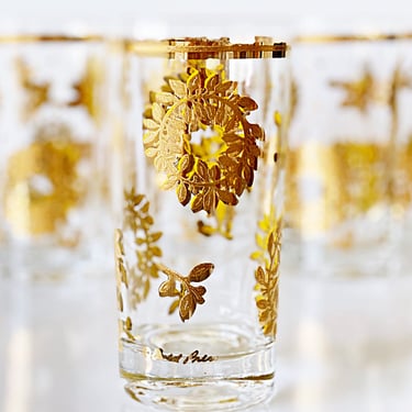 Mid century Fred Press glassware 7 Highball cocktail glasses Gold laurel wreath bar tumblers MCM Glass barware set 