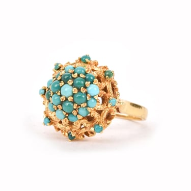 Vintage 18K Gold Multi-Stone Turquoise Cocktail Ring, Multi-Color Turquoise Bomb Ring in 18K Gold, Turquoise Statement Ring, Size 5 3/4 