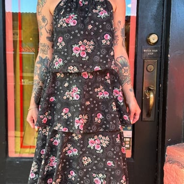 70s tiered black + pink floral prairie dress