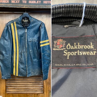 Vintage 1960’s “Oakbrook Sportswear” Blue x Yellow Cafe Racer Mod Leather MC Jacket, 60’s Motorcycle Jacket, Vintage Clothing 
