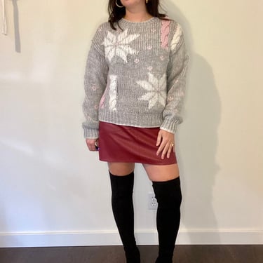 Vintage Gray, White & Pink Snowflake Chunky Knit Sweater 
