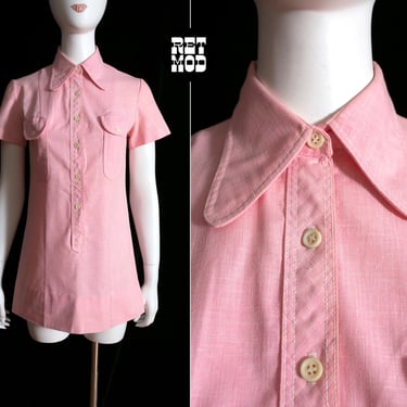 Sassy Vintage 60s 70s Light Pink Shirt Dress with Fabulous Collar 