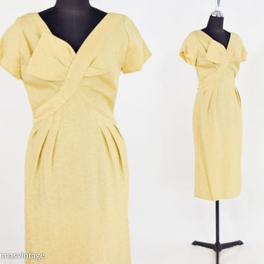 1950s Metallic Gold Cocktail Dress | 50s Gold Lamé Sheath Dress | Wiggle Dress | Carol Craig | Medium 
