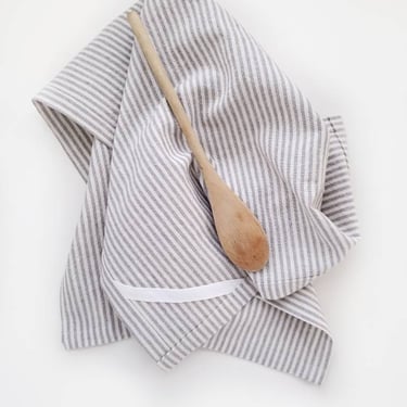 Ticking Stripe Linen Tea Towel, Farmhouse Kitchen Towel, Gray Stripe Hand Towel 