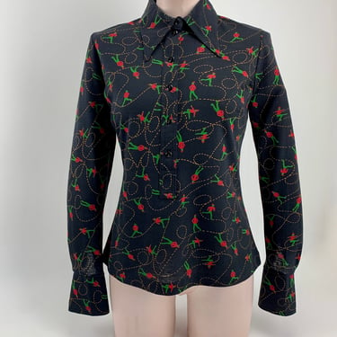 1960'S Ice Skater Novelty Print - Mod Blouse - 100 % Cotton Jersey  - Made in Finland - Size Medium - NOS / Dead-Stock 