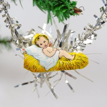 Vintage Small Baby Jesus in the Manger Scrap & Tinsel Christmas Ornament, Vintage Nativity for Feather Tree 