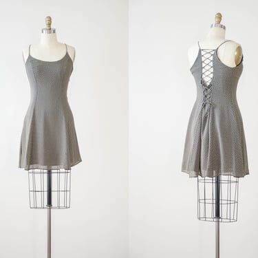 corset mini dress | 90s vintage Ann Taylor black beige chiffon open lace up back spaghetti strap short flounce dress 
