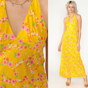 Floral Maxi Dress 70s Halter Neck Sundress Yellow Flower Print Sun Day Summer High Waist Hippie Backless Boho Vintage 1970s Extra Small xs 