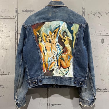 Vintage 1950s Lee Rider jean jacket distressed and faded hand painted one of a kind size 42 Picasso painting 