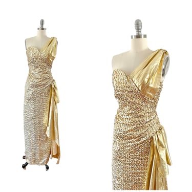 80s Gold Sequin Floor Length Party Dress / 1980s does 50s Vintage Gown / Medium / Size 8 