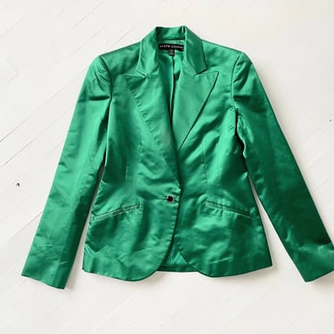 1990s Ralph Lauren Emerald Green Silk Satin Blazer 
