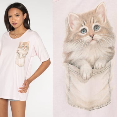 90s Cat T Shirt -- Pocket Kitten Shirt Baby Pink Animal Tshirt Kitty Short Sleeve Vintage Kawaii Medium Large 