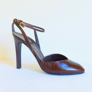 Charles Jourdan Size 8 Dark Brown Strappy Ankle Pumps High Heels Gold Buckle Almond Toes Dressy Work Shoes French Designer Made in France 