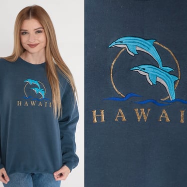 Hawaii Dolphin Sweatshirt 90s Blue Pullover Sweatshirt Embroidered Ocean Animal Graphic Shirt Tourist Travel Crewneck Vintage 1990s Medium M 