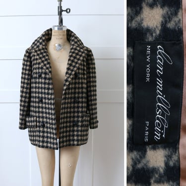 vintage 1960s designer wool & mohair short coat • Dan Millstein black and tan houndstooth car coat 