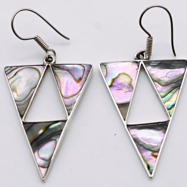 90's boho abalone sterling triangle dangles, psychedelic Mexico 925 silver paua shell earrings 