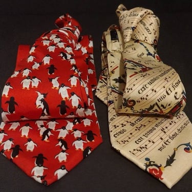 Vintage Alynn Neckwear Handmade Silk Ties Penguin & Illuminated Music Score Neckties 57" 