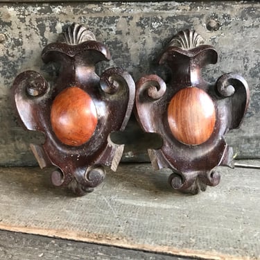 Pair French Cache Clou, Picture Hook Covers, Shield Design, Architectural Wood Plaques, Handcarved, Wall Mounts, Chateau Decor, 19th C 