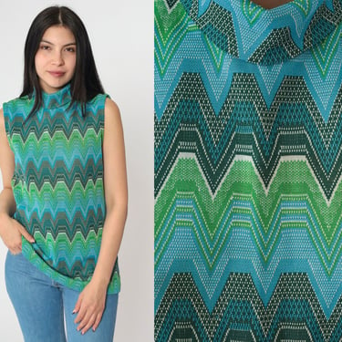 70s Psychedelic Tank Top 60s Mod Hippie Blouse Blue Green Boho Shirt Zig Zag Striped Print Sleeveless Vintage Turtleneck Space Age Small 