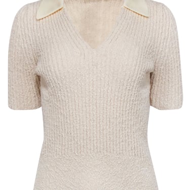 Tory Burch - Cream Ribbed Knit Boucle Polo Shirt Sz L