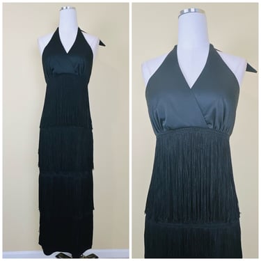 1970s Vintage Black Polyester Fringe Maxi Dress / 70s / Seventies Tiered Fringed Disco Gown / Medium 