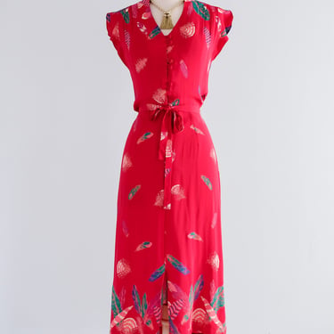 Vintage Late 1970's Rayon Red Feather Print Dress / S