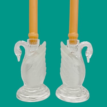 Vintage Candlestick Holders Retro 1980s Art Deco Revival + Swans + Clear + Frosted Glass + Set of 2 + Candle Display + Birds + Home Decor 