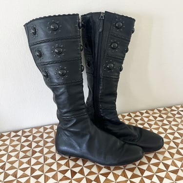 Vintage Azzedine Alaïa Studded Black Leather Knee High Boots sz 37 Alaia Flat Stud 