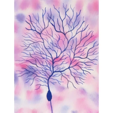 Vintage-style Purkinje Cell in Pink and Purple - original watercolor painting of neuron - neuroscience art 