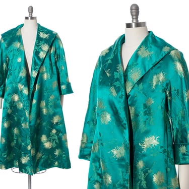 Vintage 1950s 1960s Swing Coat | 50s 60s Silk Satin Jacquard Floral Green Gold Asian Shawl Collar Long Formal Dress Coat (medium/large) 