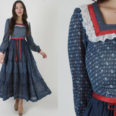 Red White & Blue Americana Maxi Dress, This Is Your San Francisco, Vintage 70s Cottagecore Hippie Gown, Prairie Style Long Full Skirt 