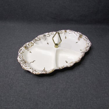 Vintage California Art Pottery Divided Tray with Handle Mid-Century White Gold 