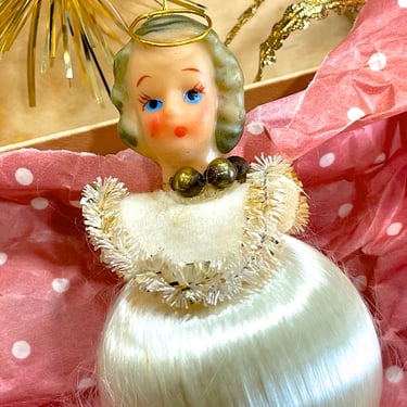 VINTAGE: 1950s - Satin Ball Angel Ornament - Mercury Beads, Chenille - Made in Japan - Christmas Decor - Home Decor - SKU 15-A1-00034493 