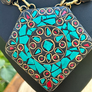 Tibetan Brass Necklace Inlaid Turquoise Coral Handmade Vintage Jewelry Boho 