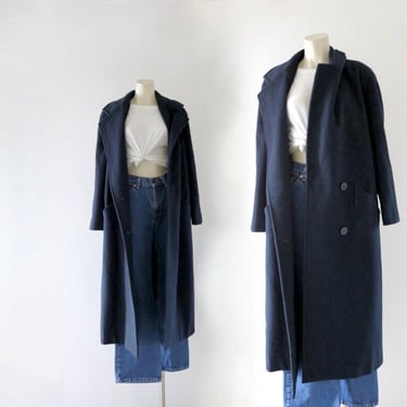 navy wool duster - m - vintage 90s y2k long womens dark blue overcoat jacket winter coat size size medium 
