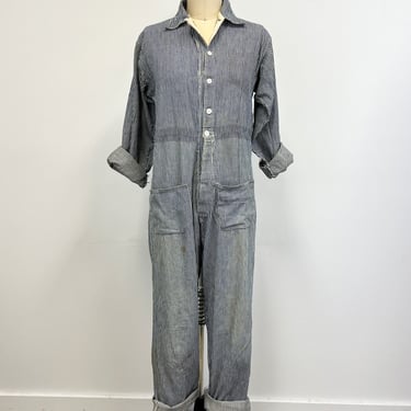 Antique Hickory Stripe Selvedge Denim Coveralls | 1910s - 1920s Hand Made Boiler Suit | Button Front 