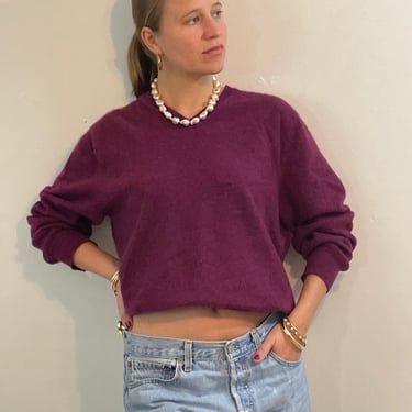 90s cashmere sweater / vintage plum violet pure brushed cashmere oversized boyfriend sweater | Large 