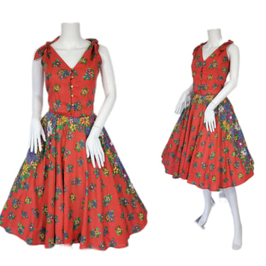 1970's Red Poly Blend Floral Mexicali Print Sun Circle Skirt Sun Dress I Sz Med 
