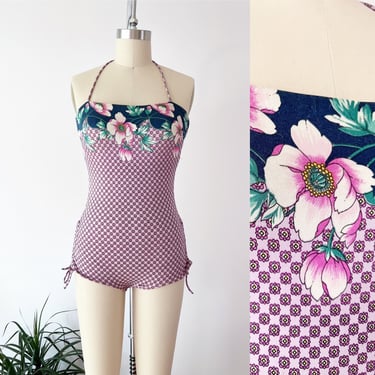 SIZE M/L 1970s Halter Tie Floral Swim Maillot - Somebody by Mainstream Swimsuit Shorts One Piece Bathing Suit Pink Purple Floral 