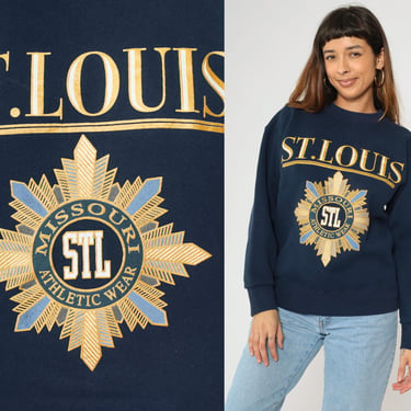 Vintage St. Louis Missouri Sweatshirt 90s Crewneck Navy Blue Graphic Shirt MO 1990s Athletic Wear Pullover 1990s Destination Travel Medium 