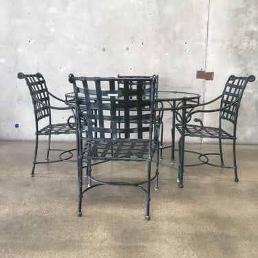 Braun Jordan Metal And Glass Table w/ Four Basketweave Metal Chairs