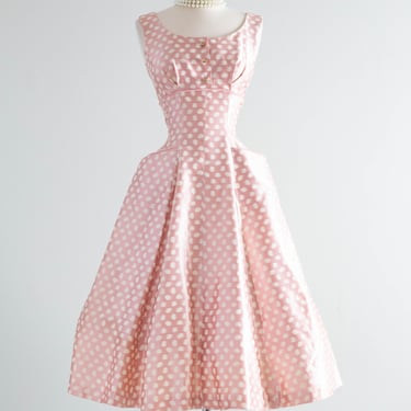 Pretty In Pink 1950's Satin Polka Dot Party Dress / Small