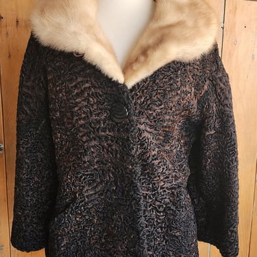 50s Fur Collared Jacket Brown Persian Curly Wool Gordons 