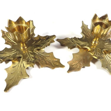 Vintage Brass Christmas Poinsettia Candle Holders - Holiday Christmas Candle Holders 