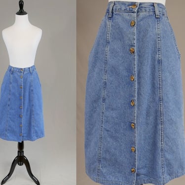 80s 90s Hunt Club Jean Skirt - 25-30" waist - Button Front - Blue Cotton Denim - Vintage 1980s 1990s - Petite 
