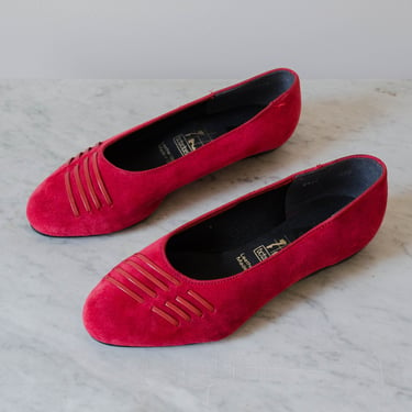 red suede flats | 80s 90s vintage red leather cushioned arch support slip loafers size 8.5 