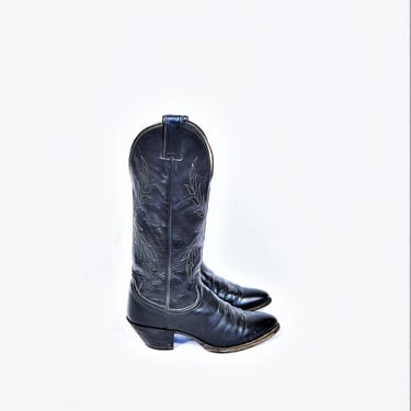 Vintage Black Leather Justin Western Cowboy Boots I Sz 7.5 I Cuban Heel 