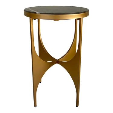 Modern Gold and Dark Gray Marble Round Marquina Side Table